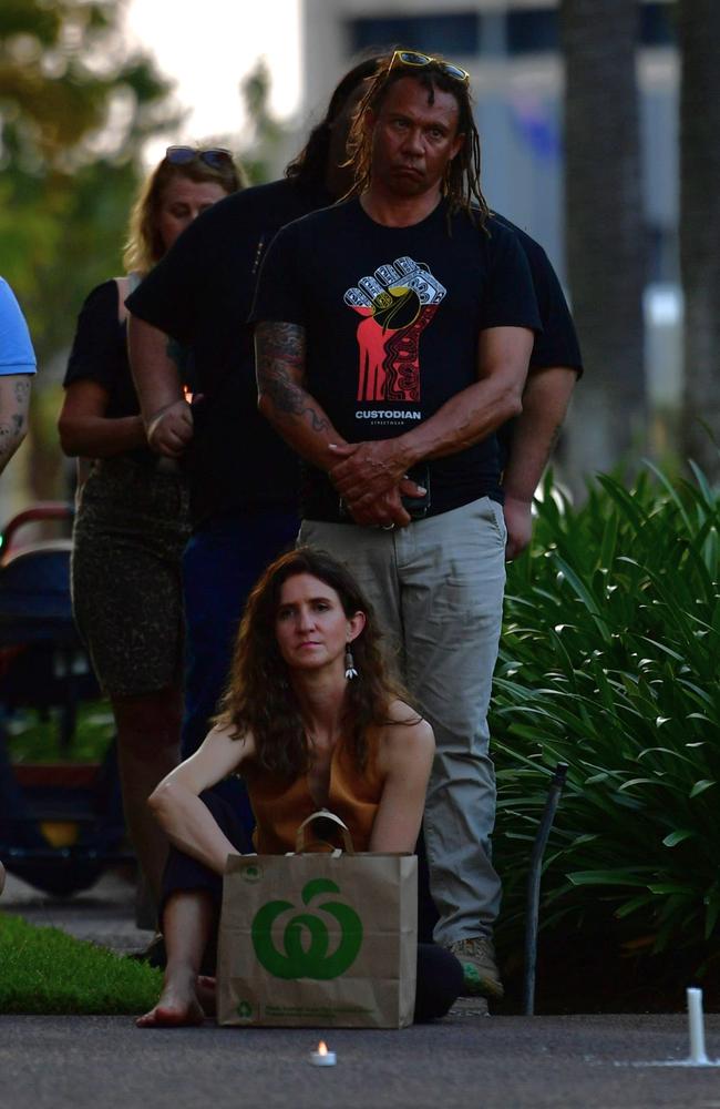 Hundreds of Top End residents gathered outside the NT Parliament on Wednesday for a vigil for Kumanjayi White, a 24-year-old Warlpiri man with a disability who died after being restrained by police in the Alice Springs Coles. Picture: Zizi Averill