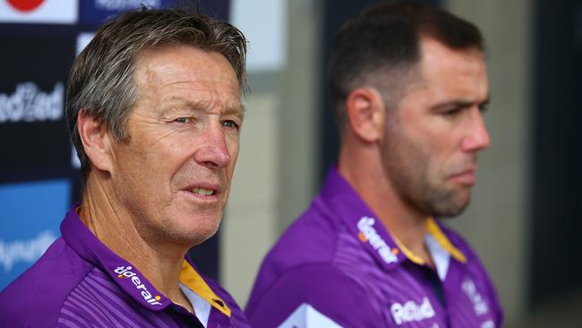 Melbourne coach Craig Bellamy and captain Cameron Smith address the media on Thursday Picture: Getty Images