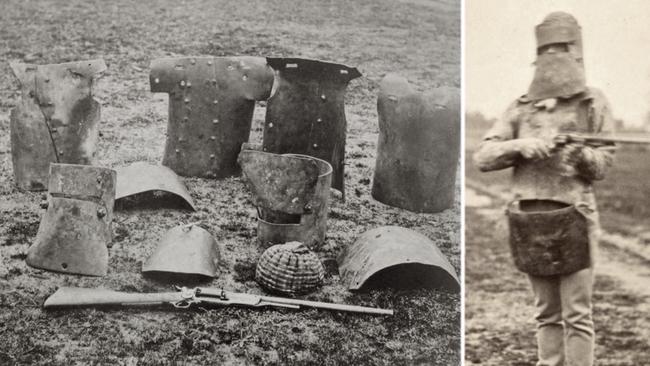 Photographs of the Kelly Gang’s armour after the Glenrowan siege of 1880, and a policeman posing with the armour. Pictures: State Library of Victoria