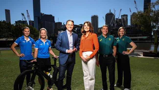 7News Brisbane presenters Max Futcher and Sharyn Ghidella alongside Paralympians Torita Blake and Emily Petricola and Olympians Andrew Trim and Jodie Henry at the Olympics Live Site at South Bank. Picture: Zak Simmonds