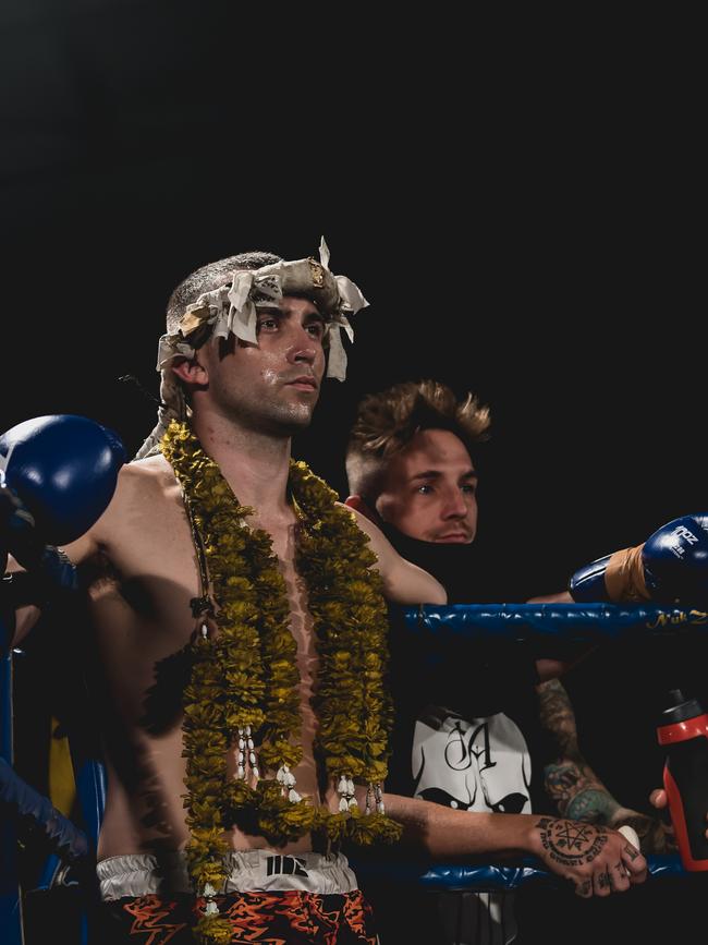 Ben O'Connor readying for a Muay Thai fight with his friend and trainer Ryan McDonald. Picture: Emily Barker