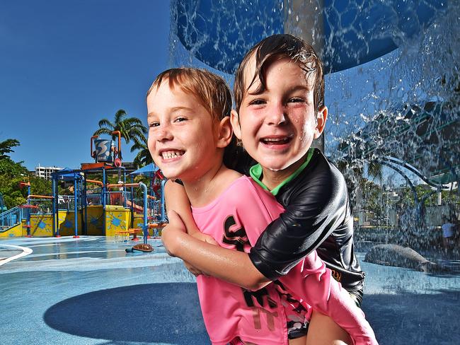 Siblings Isobella, 7 and Michael Porter, 6 of Aitkenvale enjoy The Strand water park ahead of a possible cyclone forming next week. Picture: Zak Simmonds  (correct spelling)