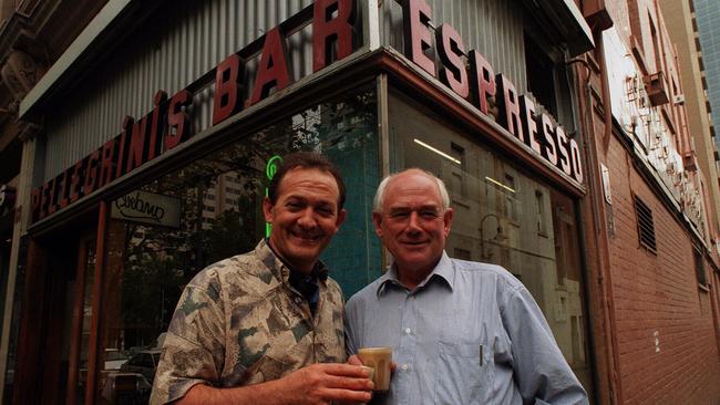 The late Sisto Malaspina with his partner Nino Pangrazia at Pellegrini's coffee bar in Bourke St in 1997.