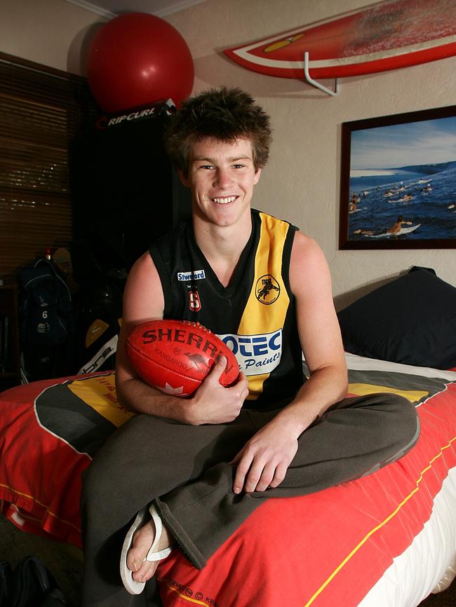 Bryce Gibbs in his Glenelg jumper in his bedroom in 2007.