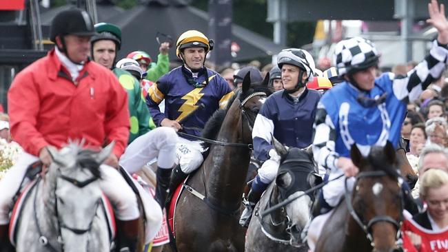 Araldo ridden by Dwayne Dunn after being spooked and kicking a fence. Picture: Hamish Blair