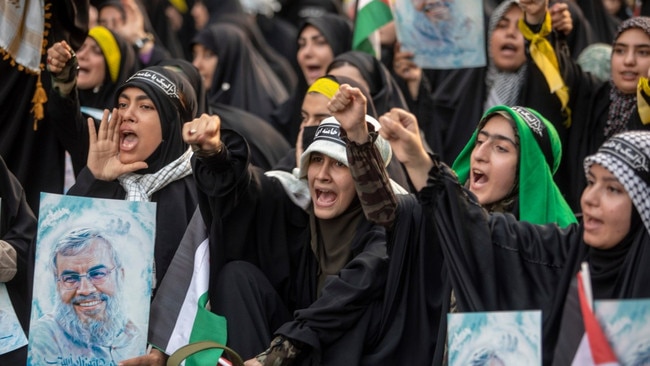 Iranian students take part in a demonstration to show their anger at the assassination of the Hezbollah leader Hassan Nasrallah. Picture: Majin Saeed/Getty Images