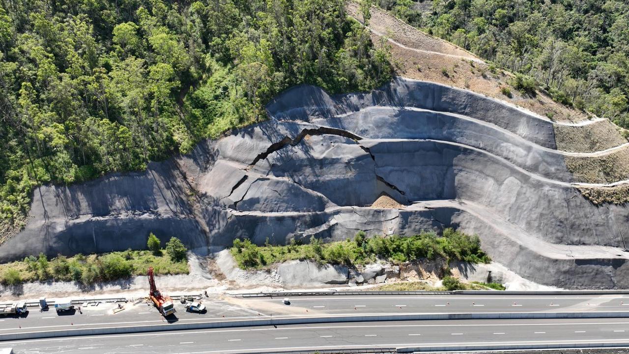 Aerial images showcase the damage sustained to the cutting of the Toowoomba Bypass, which has been closed by the Department of Transport and Main Roads for repairs.