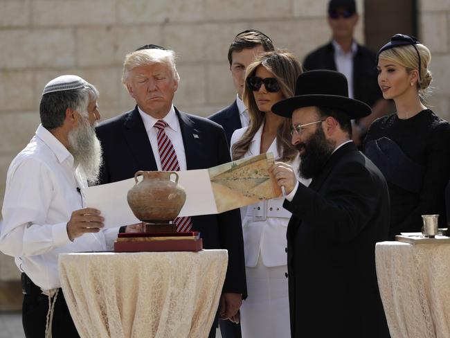 President Donald Trump, first lady Melania Trump, Ivanka Trump and Jared Kushner visit the Western Wall in Jerusalem. Picture: AP Photo/Evan Vucci