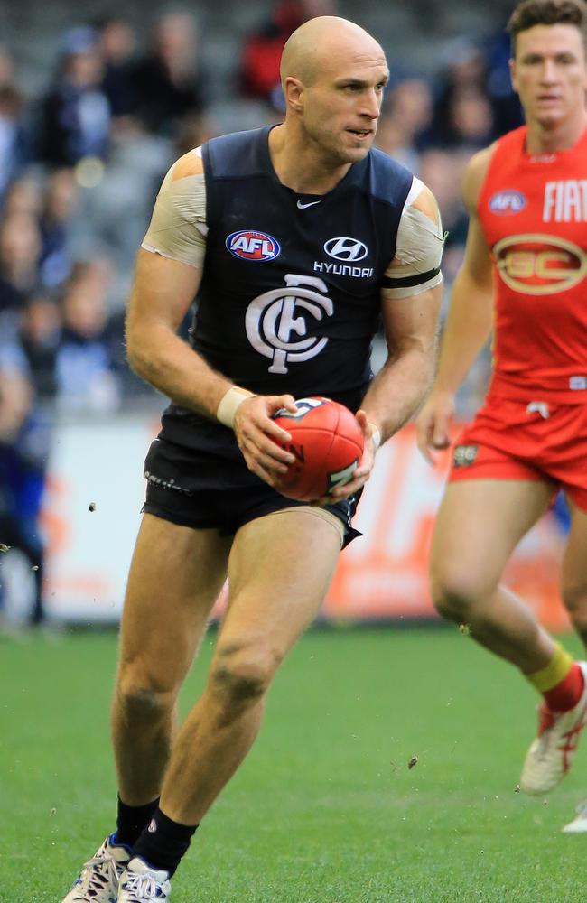 Round 20 of the AFL. Carlton Blues vs. Gold Coast Suns at Etihad Stadium in Melbourne. Chris Judd mark. Picture: Alex Coppel.