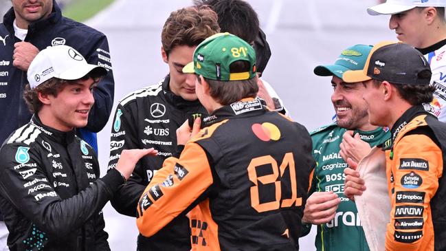 (L to R) Andrea Kimi Antonelli, George Russell, Oscar Piastri, Fernando Alonso and Lando Norris. Photo by WILLIAM WEST / AFP.