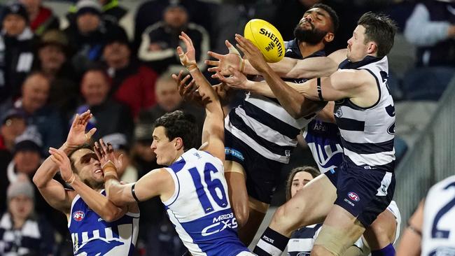 The incident took place during Geelong’s clash with North Melbourne at GMHBA Stadium. Picture: Scott Barbour, AAP Image.