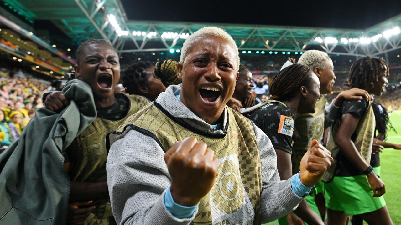 BRISBANE, AUSTRALIA – JULY 27: Tochukwu Oluehi of Nigeria celebrates her team's third goal scored by Asisat Oshoala (not pictured) during the FIFA Women's World Cup Australia &amp; New Zealand 2023 Group B match between Australia and Nigeria at Brisbane Stadium on July 27, 2023 in Brisbane, Australia. (Photo by Justin Setterfield/Getty Images)