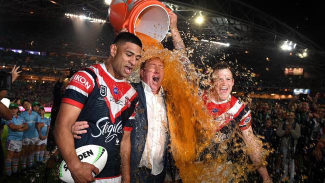 Robinson cops a Gatorade shower after the 2019 Grand Final win. Picture: AAP