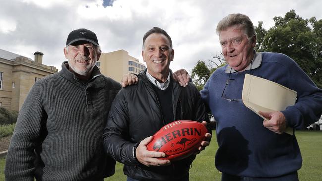 L-R Stephen Bourke, Angelo Fraraccio, Russell Hanson who are advocates for the proposed stadium in Hobart to accommodate a new AFL team. Picture: Craig Warhurst