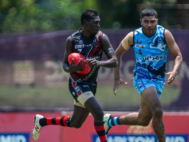 Michael Thompson playing for the Tiwi Bombers against the Darwin Buffaloes in Round 4 of the 2024-25 NTFL season. Picture: Pema Tamang Pakhrin