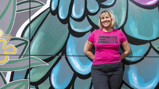 Rainbow Families Queensland co-ordinator Holly Zwalf has produced a number of peri-natal and childcare resources designed to help midwives and maternity nurses, teachers and childcare workers support LGBTI+ families. Picture: Mark Cranitch.