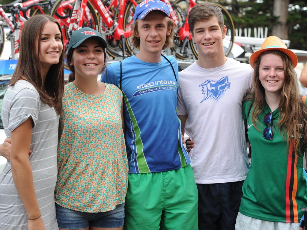 Eagerly awaiting the start of Stage 3 of the TDU are, from left, Madeline Edwardes, Keana Lamming-Slade, Max Rollins, Harrison Edwards and Heather Button. Picture: Tricia Watkinson