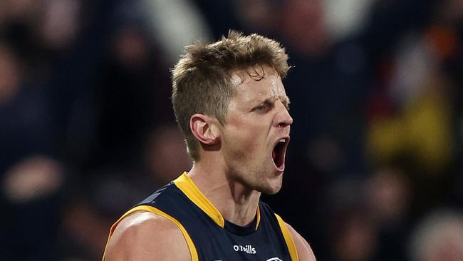 ADELAIDE, AUSTRALIA - JULY 29: Rory Sloane of the Crows celebrates a goal during the 2023 AFL Round 20 match between the Adelaide Crows and the Port Adelaide Power at Adelaide Oval on July 29, 2023 in Adelaide, Australia. (Photo by Sarah Reed/AFL Photos via Getty Images)