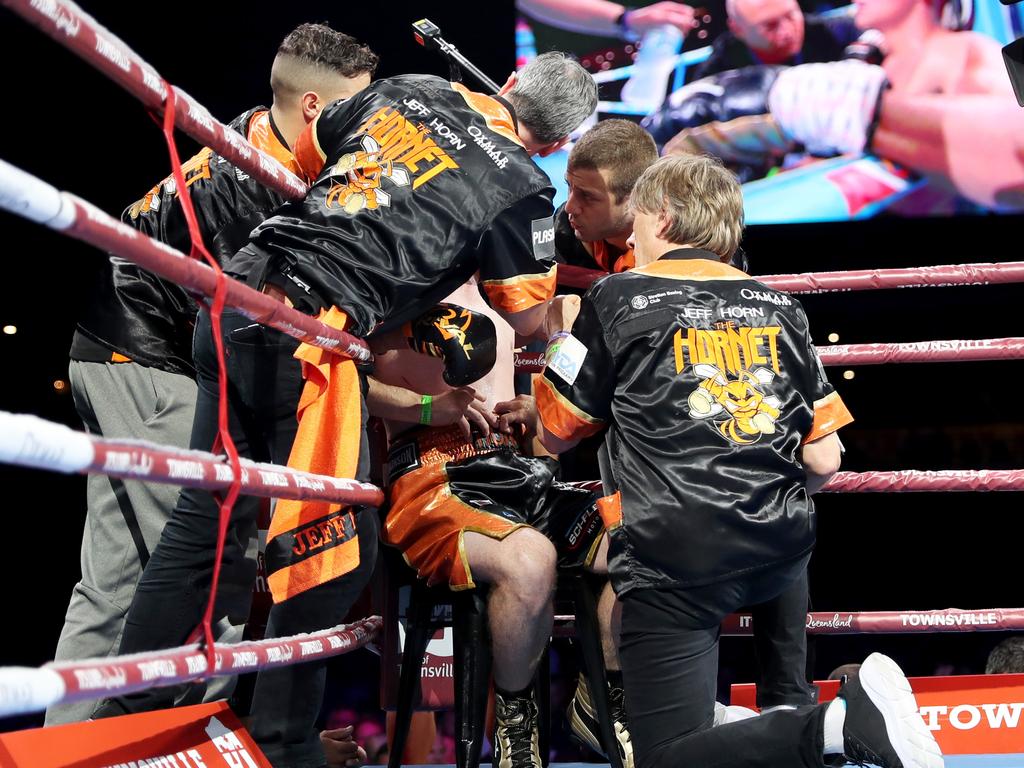 Glenn Rushton (right) talks to Jeff Horn in his corner. Picture: Alix Sweeney