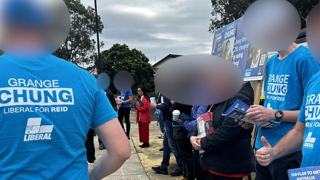 Liberal volunteers in Reid alongside Labor MP Sally Sitou at pre-poll. Source: supplied