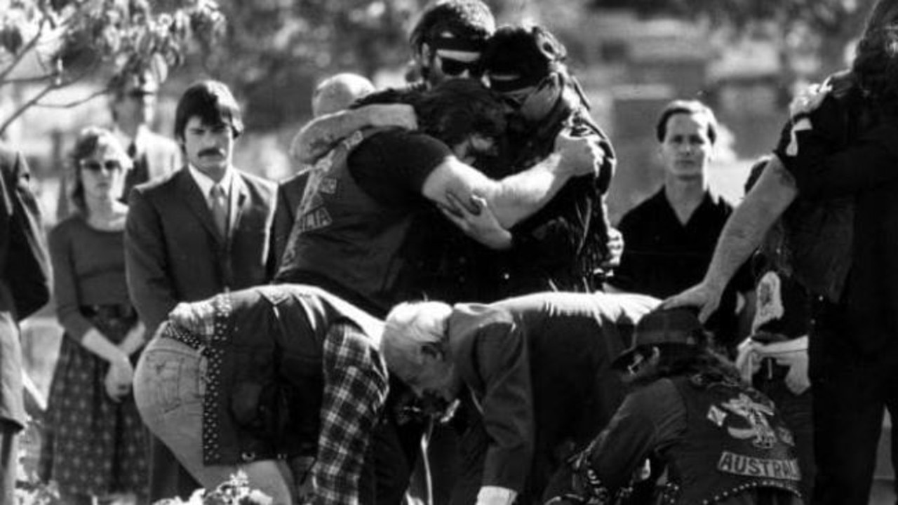 Bandidos bikie gang members at the funeral of two of their own at Rookwood Cemetery.