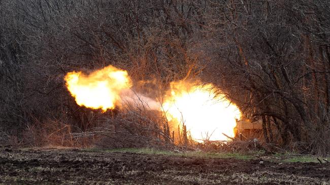 Ukrainian artillery shells Russian troops' position on the front line near Lysychansk in the Luhansk region. Picture: AFP