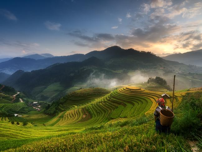 Sunset at Mu Cang Chai terraced rice fields ... A Hmong woman watching sunrise moment at Mu Cang Chai Rice Terrace. This region of northwest Vietnam is poor and relatively undeveloped but very rich in natural beauty. It has been recognized as one of the unique landscapes of Vietnam. Picture: Trần Minh Dũng, Vietnam, 3rd Place, National Awards, 2017 Sony World Photography Awards