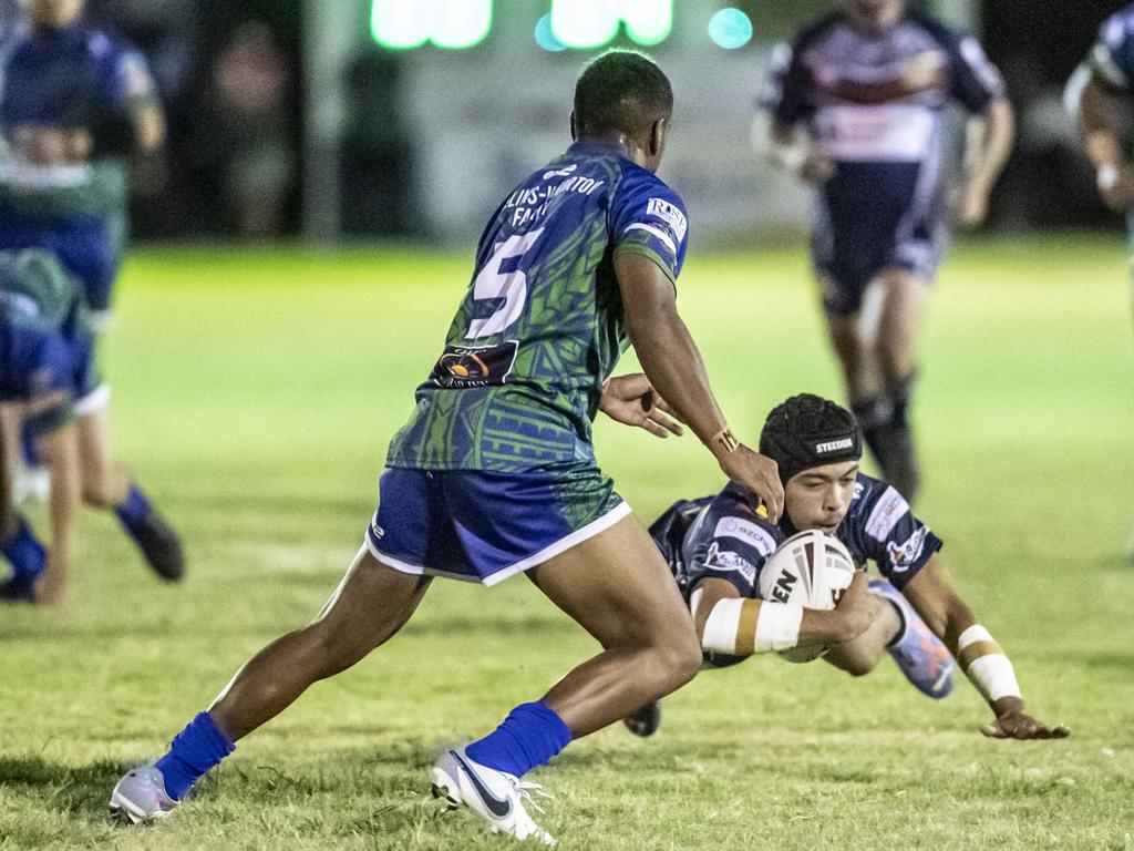 Levi Feliga for Pacific and Trae Bennetto for Emus. 2023 TRL Cultural Cup, SW Qld Emus vs Pacific Nations Toowoomba. Saturday, February 25, 2023. Picture: Nev Madsen.