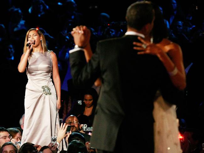 Beyoncé was asked to perform at the Inauguration of US President Barack Obama. The newly-sworn in president danced with his wife, Michelle, as the superstar sang “At Last”. Picture: Win McNamee/Getty Images