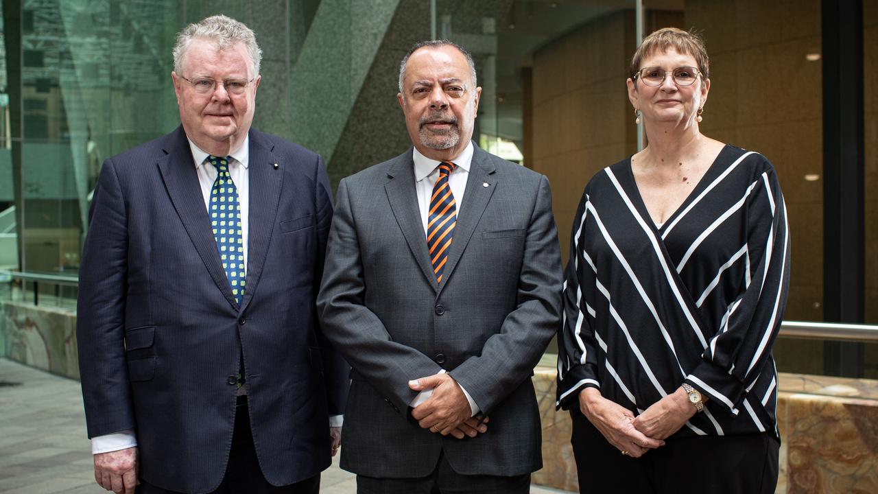 Defence and Veteran Suicide Royal Commission chair Nick Kaldas (centre) with commissioners James Douglas and Peggy Brown. Picture: Julian Andrews