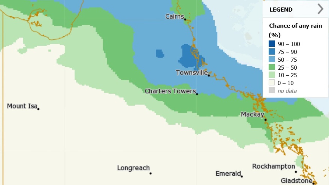 Expected rainfall distribution in NQ on Tuesday. Picture: BOM.