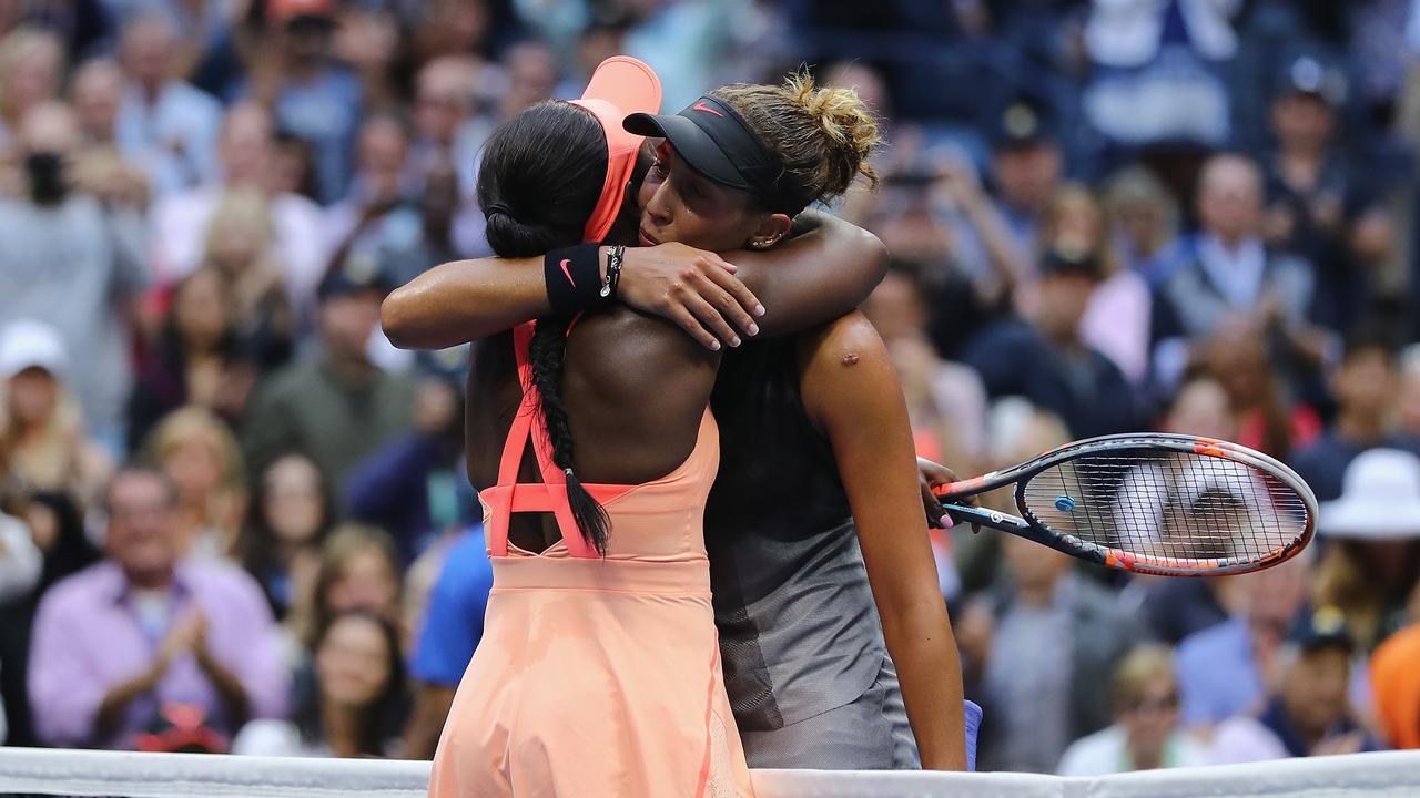 NEW YORK, NY — SEPTEMBER 09: Sloane Stephens of the United States hugs Madison Keys of the United States after their Women's Singles finals match on Day Thirteen of the 2017 US Open at the USTA Billie Jean King National Tennis Center on September 9, 2017 in the Flushing neighbourhood of the Queens borough of New York City. Sloane Stephens defeated Madison Keys in the second set with a score of 6-3, 6-0. (Photo by Elsa/Getty Images)