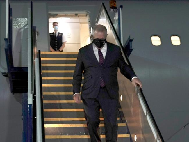 Prime Minister Scott Morrison arrives back from the United States of America after attending the Quad Summit at the White House on September 25, 2021 and will now spend 14 days quarantine in Canberra at The Lodge. Picture: Adam Taylor