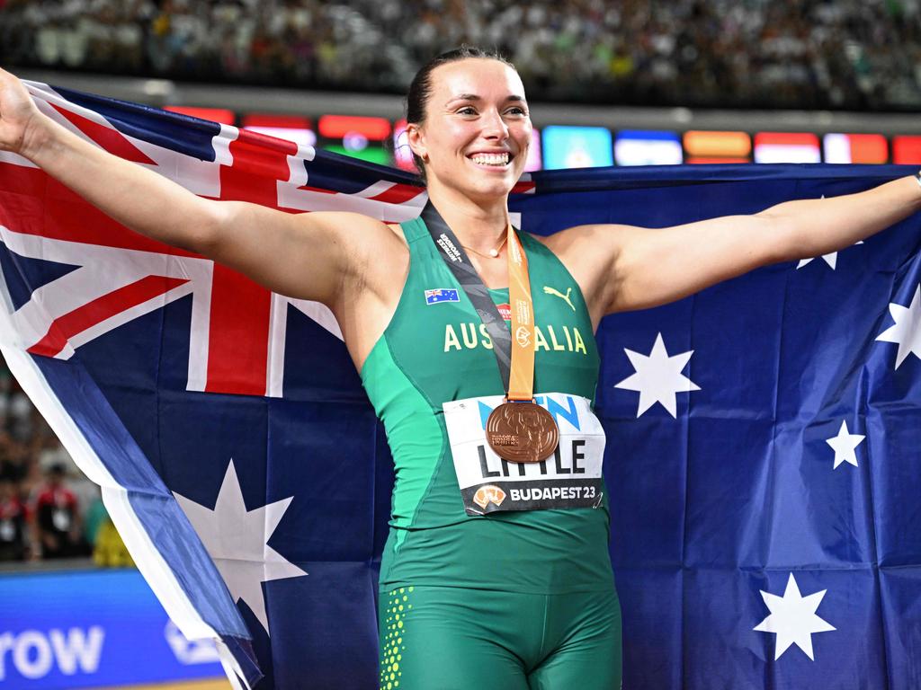 Mackenzie Little celebrates after the women's javelin throw final during the World Athletics Championships at the National Athletics Centre in Budapest on August 25, 2023. Picture: Kirill Kudryavtsev/AFP