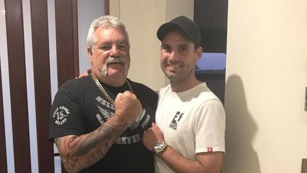 Hells Angels bikie Peter ‘Skitzo’ Hewat with his son, Beau. Picture: Facebook