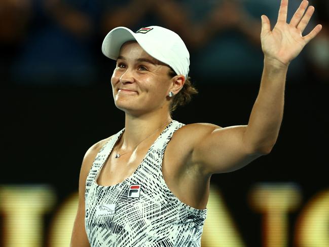 MELBOURNE, AUSTRALIA - JANUARY 27: Ashleigh Barty of Australia celebrates winning her Women's Singles Semifinals match against Madison Keys of United States during day 11 of the 2022 Australian Open at Melbourne Park on January 27, 2022 in Melbourne, Australia. (Photo by Clive Brunskill/Getty Images)