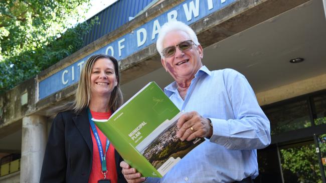 City of Darwin CEO Simone Saunders with Lord Mayor Kon Vatskalis unveiling the draft 2024-25 municipal plan at the Civic Centre, May 1, 2024. Picture: Alex Treacy