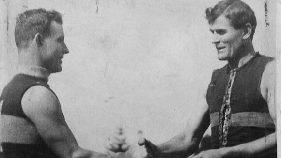 Bill Mayman and North Adelaide captain Tom Leahy before the 1919 final.