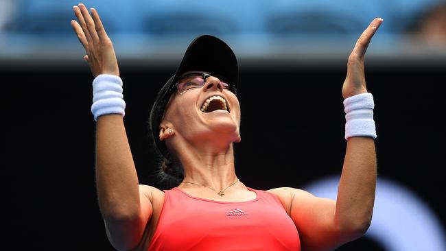 Mirjana Lucic-Baroni of Croatia celebrates her win against Jennifer Brady.