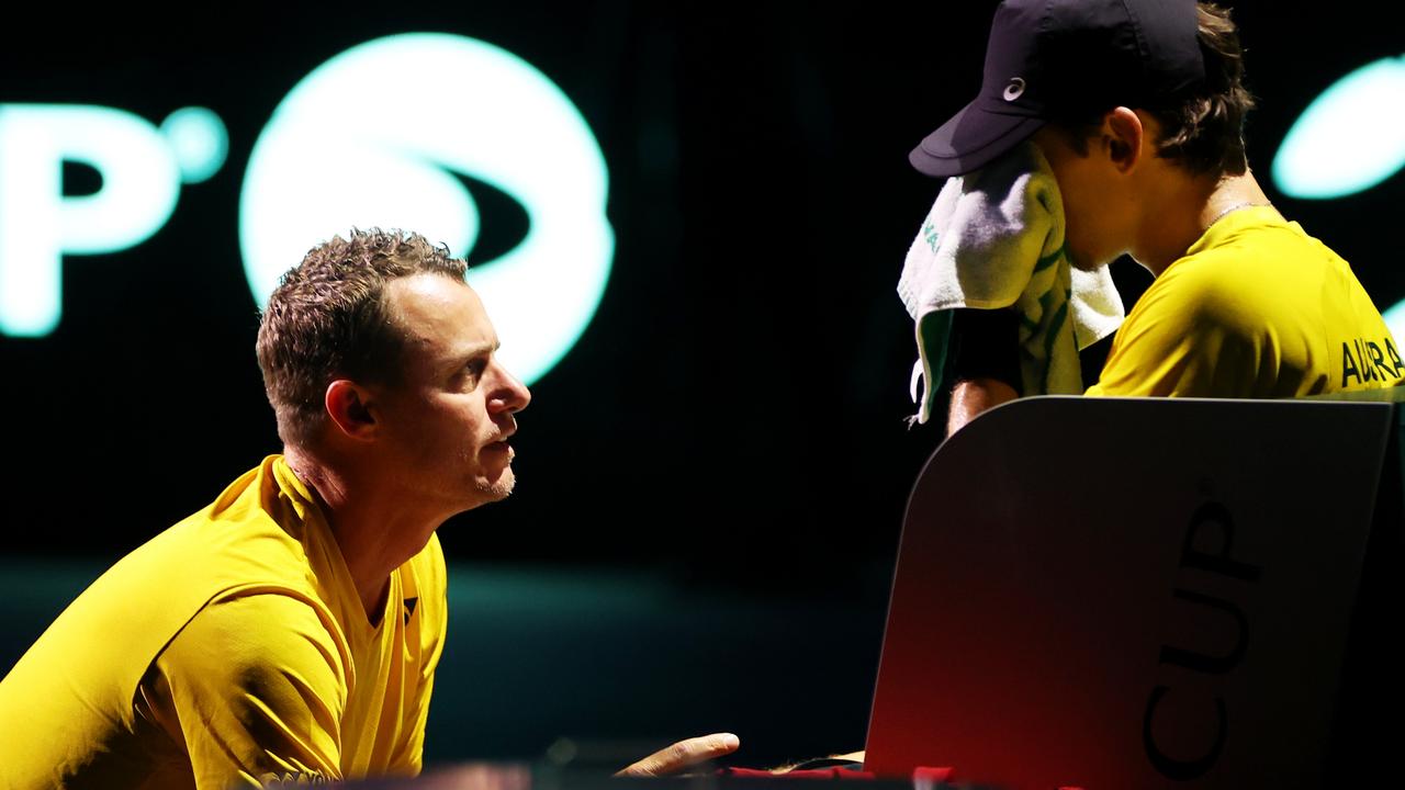 Lleyton Hewitt speaks to Alex de Minaur in Spain. Picture: Clive Brunskill/Getty Images for ITF