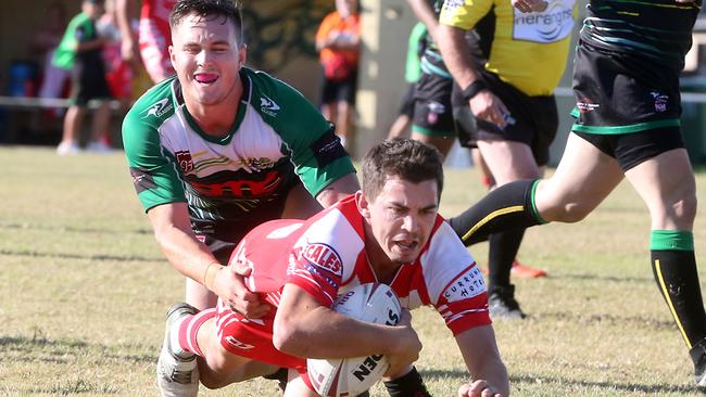 RLGC Round 3 match from Robert Dalley Park. Reserve Grade; Helensvale Hornets vs. Currumbin Eagles. Scott Bunt scoring. 23 May 2021 Helensvale Picture by Richard Gosling