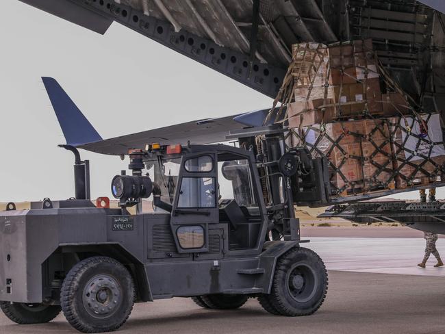 Medical supplies are transferred to a military plane for hostages in Gaza. Picture: AFP