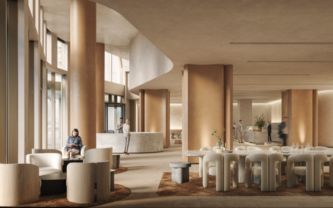 An artist's impression of the lobby at 50 Queen St.