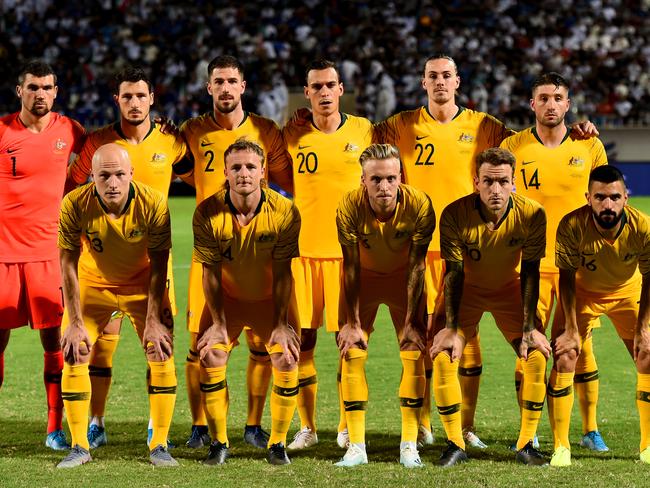 The Socceroos line up ahead of their World Cup qualifier against Kuwait. Picture: Getty Images