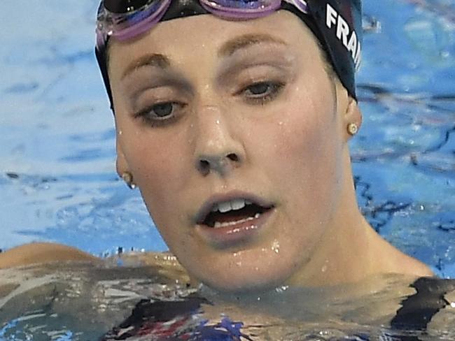 United States' Missy Franklin reacts after placing last in a women's 200-meter freestyle semifinal during the swimming competitions at the 2016 Summer Olympics, Monday, Aug. 8, 2016, in Rio de Janeiro, Brazil. (AP Photo/Martin Meissner)