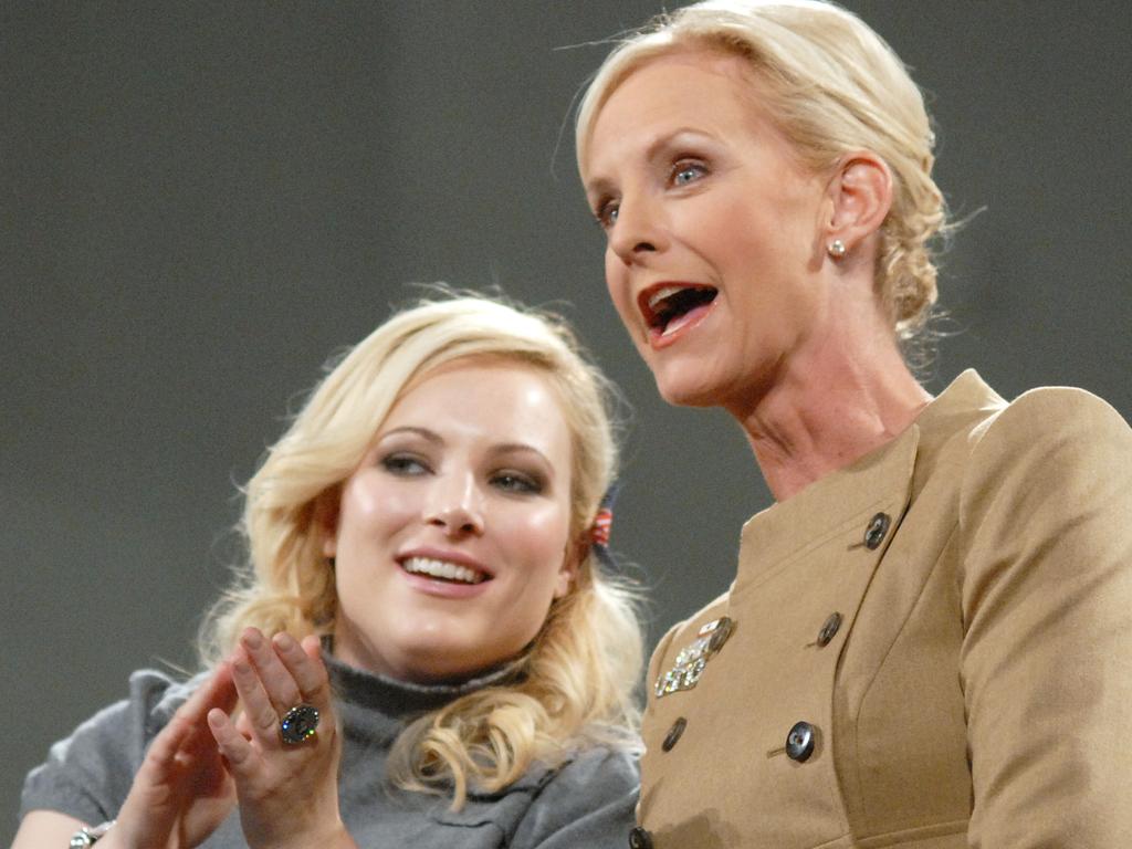 Cindy McCain (R), wife of Republican US Presidential candidate senator John McCain and her daughter Meghan McCain stand on stage during a campaign stop on the campus of Lehigh University in Bethlehem, Pennsylvania in 2008. Picture: AFP