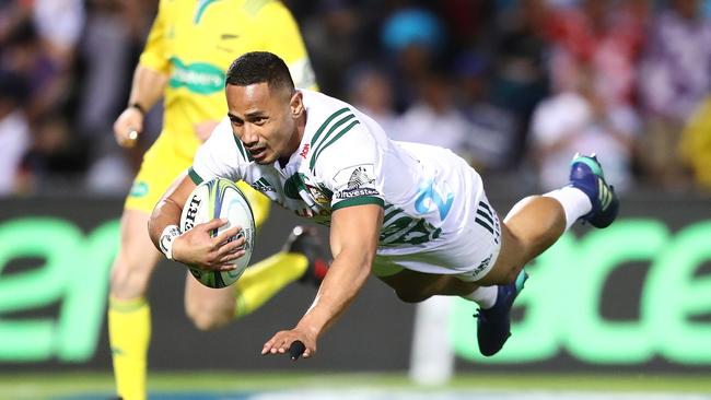 Toni Pulu of the Chiefs dives over to score a try at ANZ National Stadium in Suva.