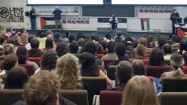 Students overflowed into four lecture theatres at the University of Sydney student general meeting.