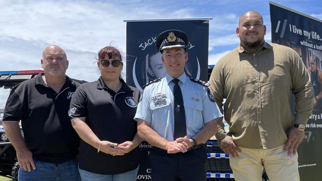 Brett and Belinda Beasley, Gold Coast top cop Rhys Wildman with former NFL star Jesse Williams. Picture: Jacob Miley