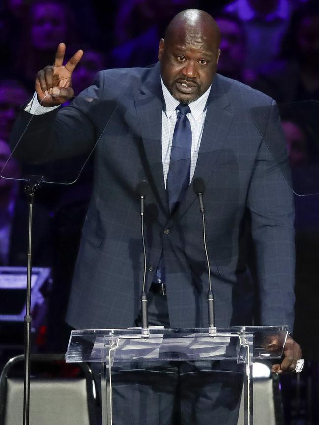 Shaquille O’Neal speaking at the memorial for Kobe Bryant and his daughter Gianna. Picture: Marcio Jose Sanchez